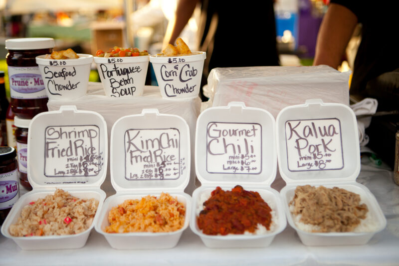 Assorted plate lunches for sale at KCC Farmers' Market.