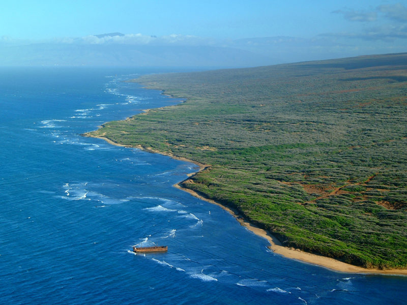 Aerial view of Shipwreck beach in Lanai.