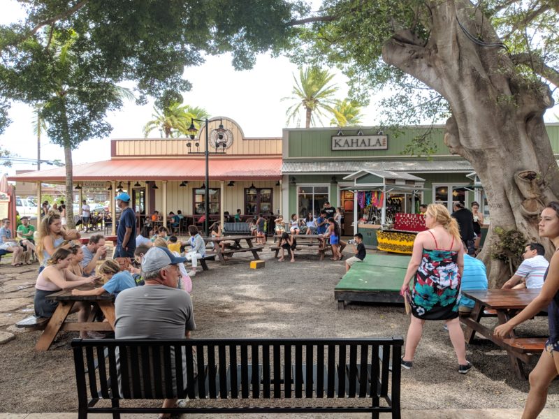 The shady sitting area right outside the Matsumoto Shave Ice store.