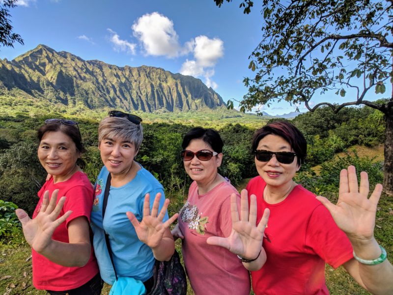 The Aunties could not stop posing in front of the Koolau mountains in Hoomaluhia.