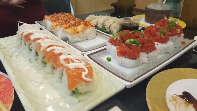 Our "fancy sushi" minus a couple of conveyor belt plates at Kazoku Sushi.