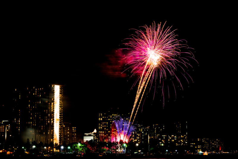 Fireworks show blasting off from Waikiki.