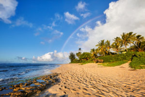 A rainbow pops up over Sunset beach. The Best Beaches In Oahu’s North Shore For Families.
