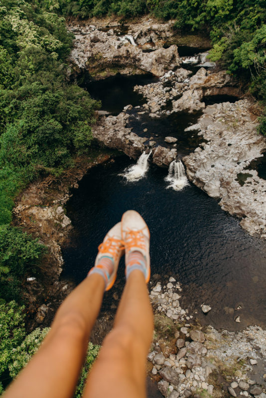 Look down below to see your feet and water.