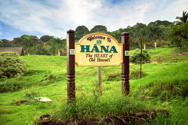The welcome to Hana sign. From the best Hawaiian island to visit for kids.