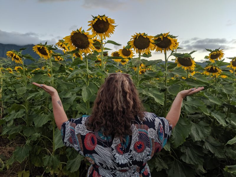 Having a conversation at the Waialua sunflower field.