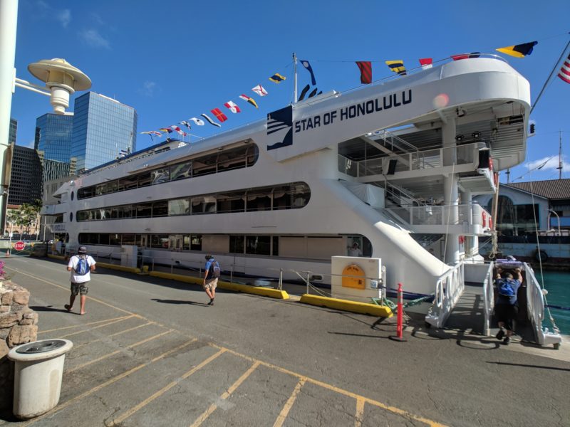 The Star of Honolulu docks right next to the Aloha Tower Marketplace.