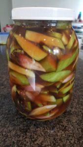 Put the green mangos and syrup into a jar.