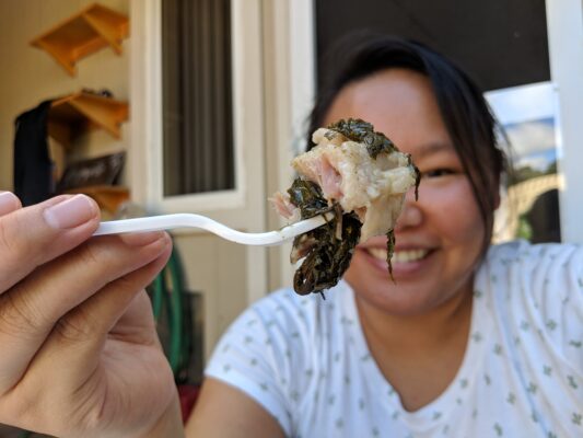 Amy eating a forkful of laulau from the side of the road.