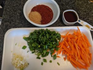 All of the ingredients for green cabbage kimchee.