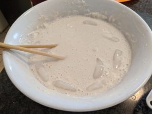 Ice water is the key in order for the batter to be thick and clumpy.