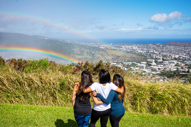 Looking out at a rainbow and downtown Honolulu from Tantalus.