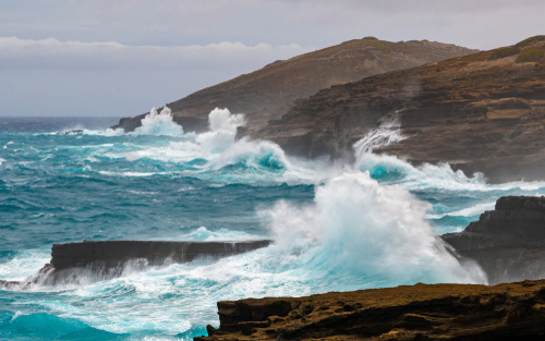 Rough seas around the cliffs of east Oahu, Hawaii during the approach of Hurricane Lane on August 24, 2018.