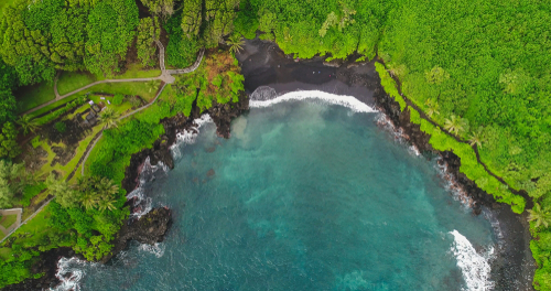 An aerial view of Waianapanapa State Park.