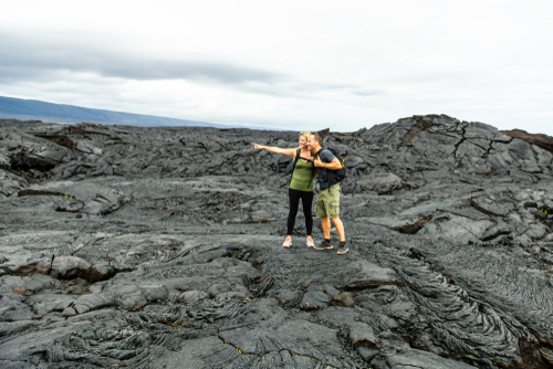 Hiking on a lava field on the Big Island of Hawaii.