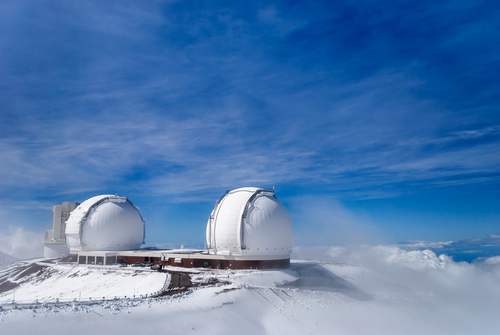 Mauna Kea and its telescopes after a snowfall on the Big Island of Hawaii.