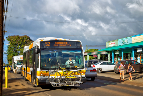 The Bus on Kamehameha Highway (HI 83) in Haleiwa headed back toward Honolulu. Editorial credit: PomInOz / Shutterstock.com