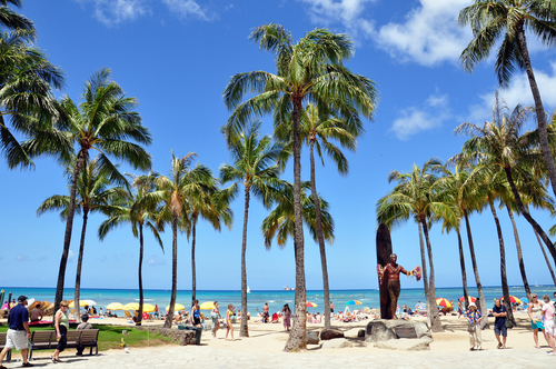 Kahanamoku Beach in Waikiki on a typical afternoon in May. Editorial credit: Jeff Whyte / Shutterstock.com