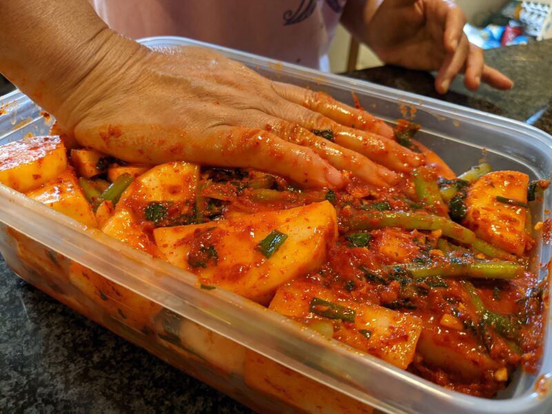 The daikon kimchee is ready! Now we just need to wait a day for the spices to soak in.