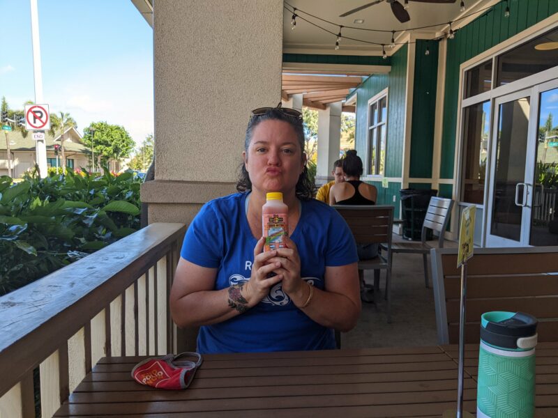 We claimed an outdoor table and Sarah struck a pose. The breeze was pleasant and the shade was comfortable.