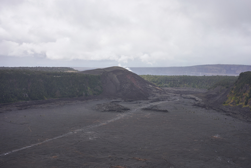 Aerial view of the solidified Kīlauea Iki Crater lava lake in Hawaii Volcanoes National Park on the Big Island.