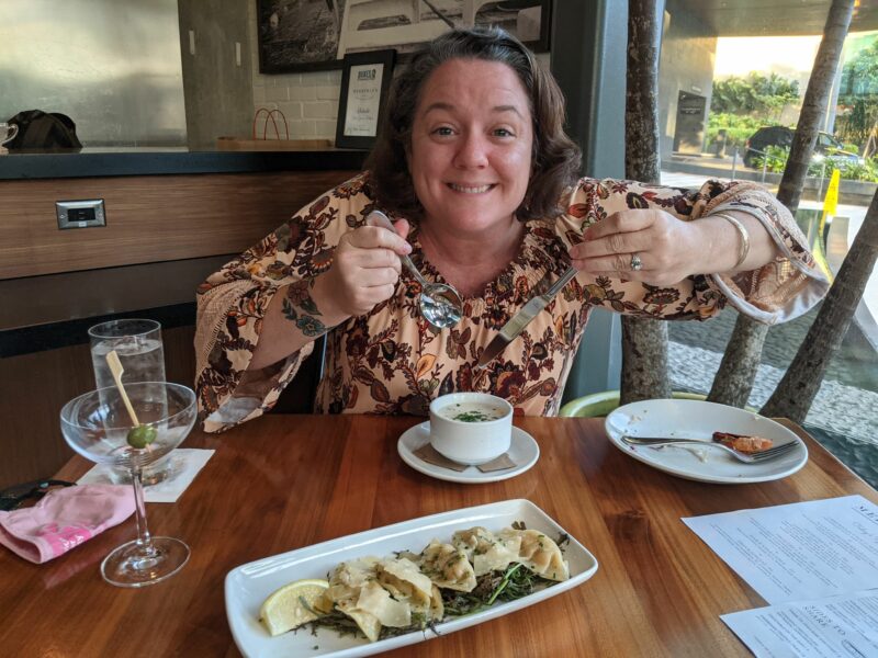 Sarah is getting ready to dig into her clam chowder at Merriman's Honolulu.