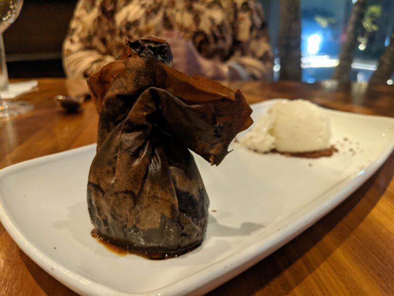 The chocolate purse and vanilla bean ice cream at Merriman's Honolulu.