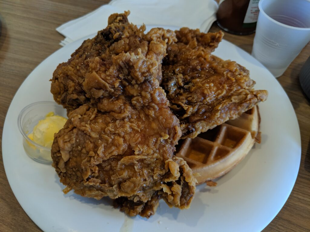 The fried chicken on a waffle is a popular choice at Pancakes and Waffles BLD.