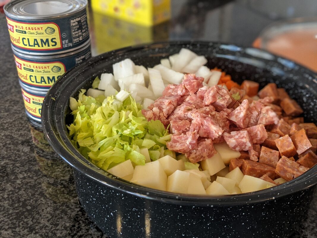 Solar Cooking Clam Chowder With Portugese Sausage