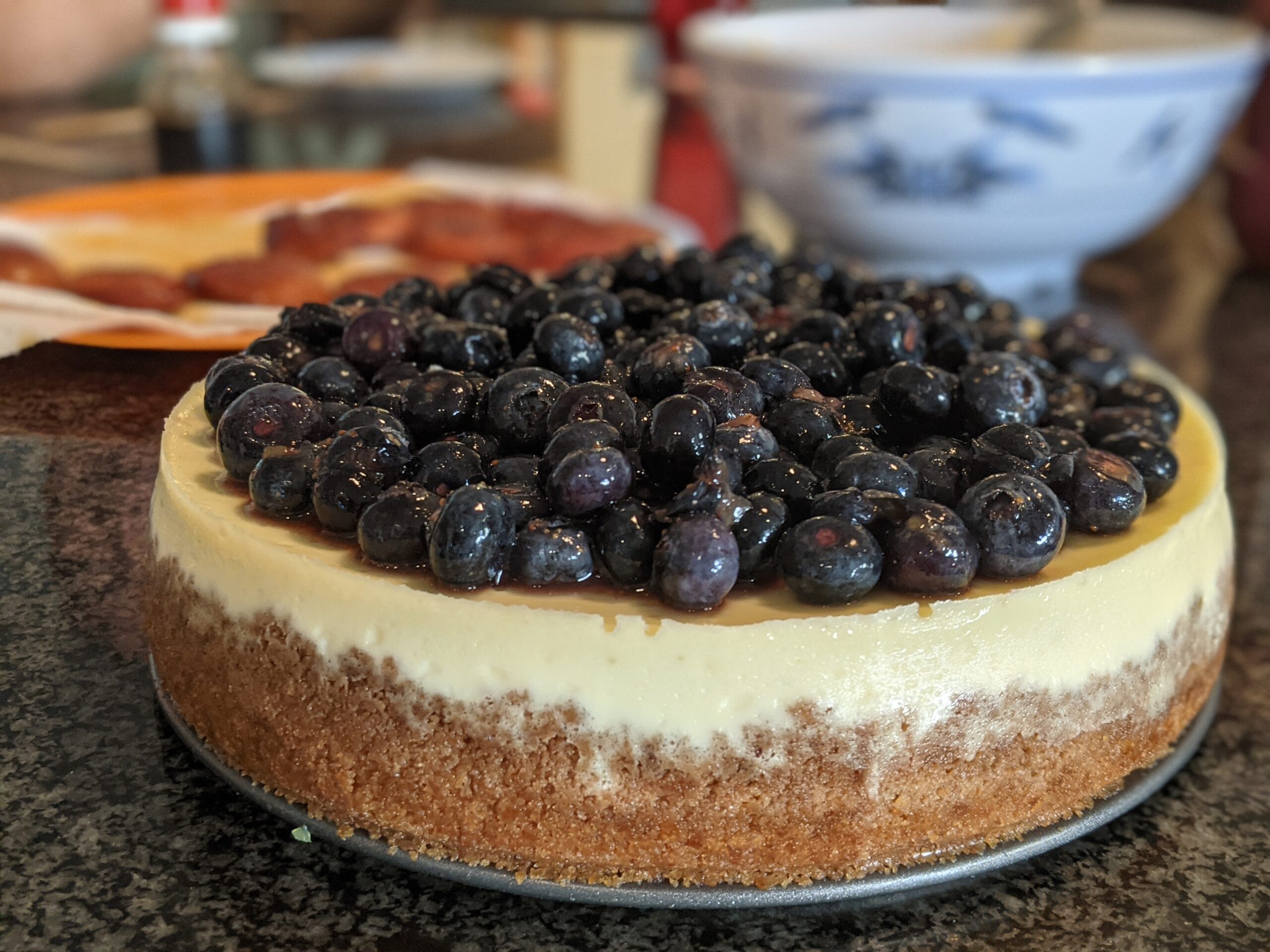 Cheesecake with blueberries on top.
