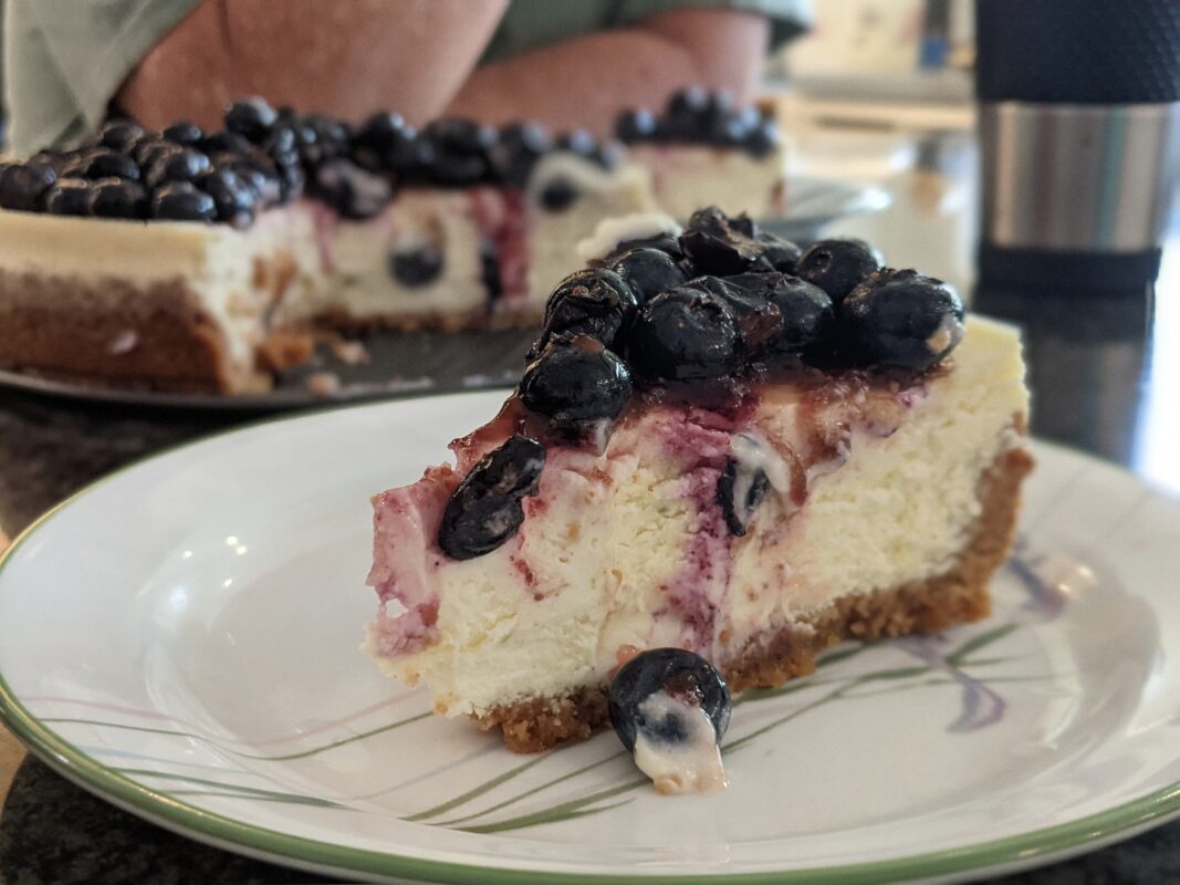 Slice of blueberry cheesecake.