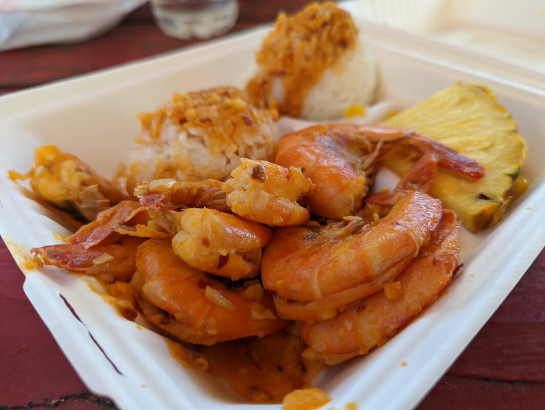 Close up photo of a shrimp plate lunch.