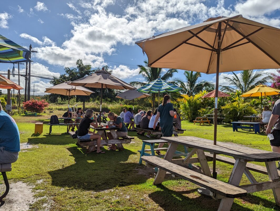 Sunny day with umbrellas and picnic tables.