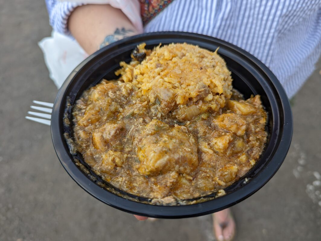 A bowl of pastele stew and gandule rice.