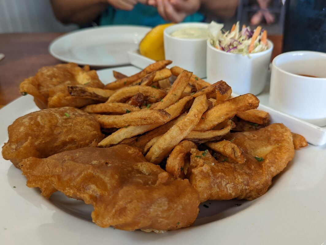 Close up of fish and chips.