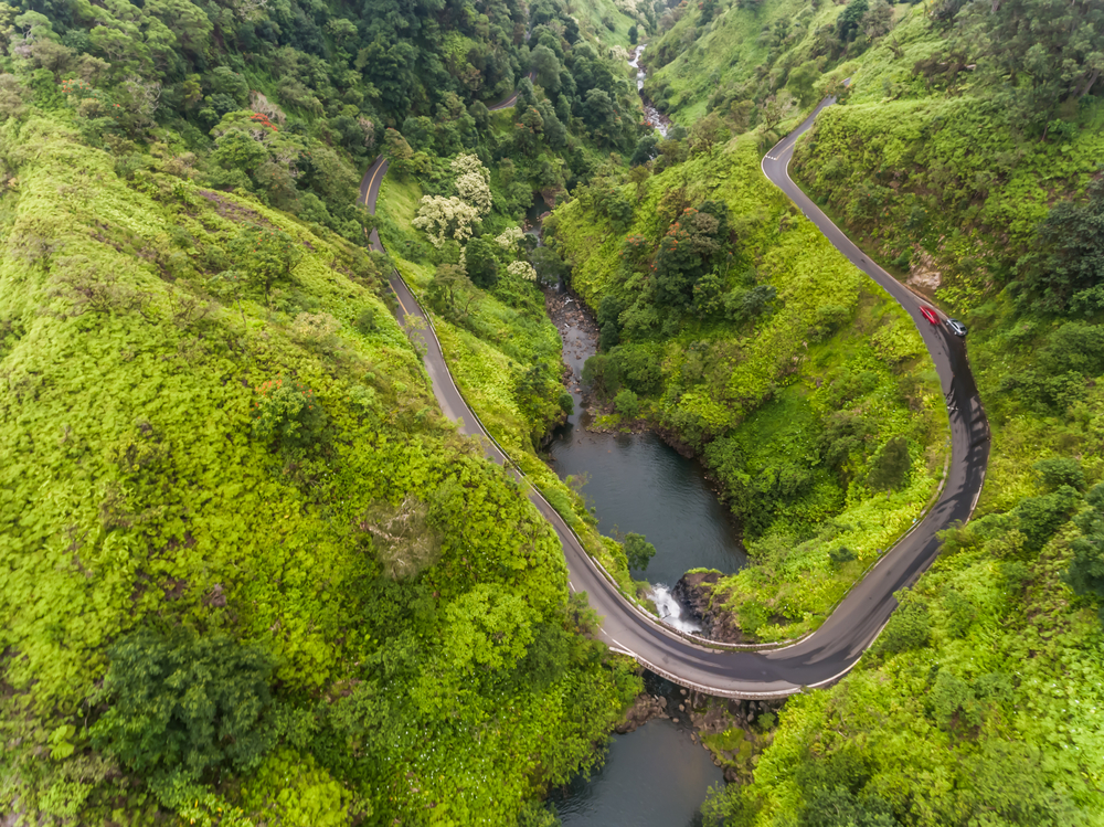 Aerial view of road. Getting around Maui.